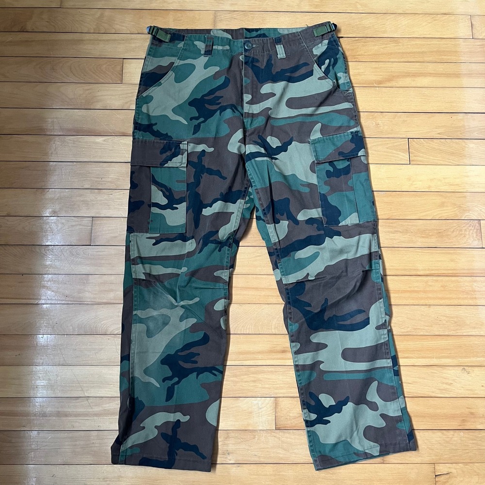 Mens Woodland Camo Cargo Pants Medium Rothco Adjustable Waist Tactical Combat